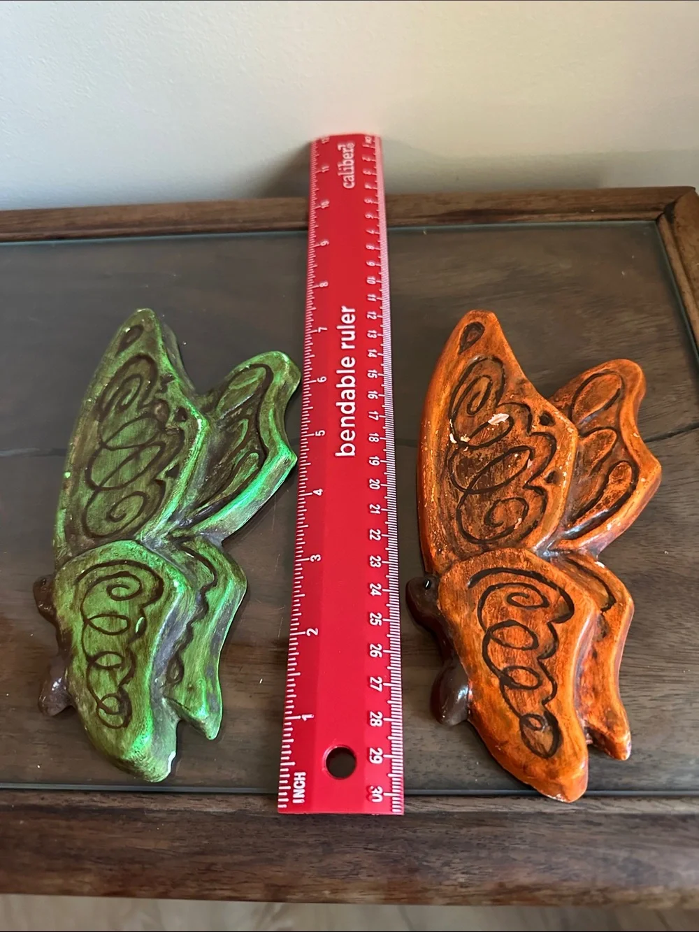 Vintage 1975 Handmade Ceramic Butterfly Wall Art Pair - Green & Orange